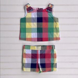 JANIE & JACK 100% Cotton Multicolored Checkered Blouse Shorts Matching Set
